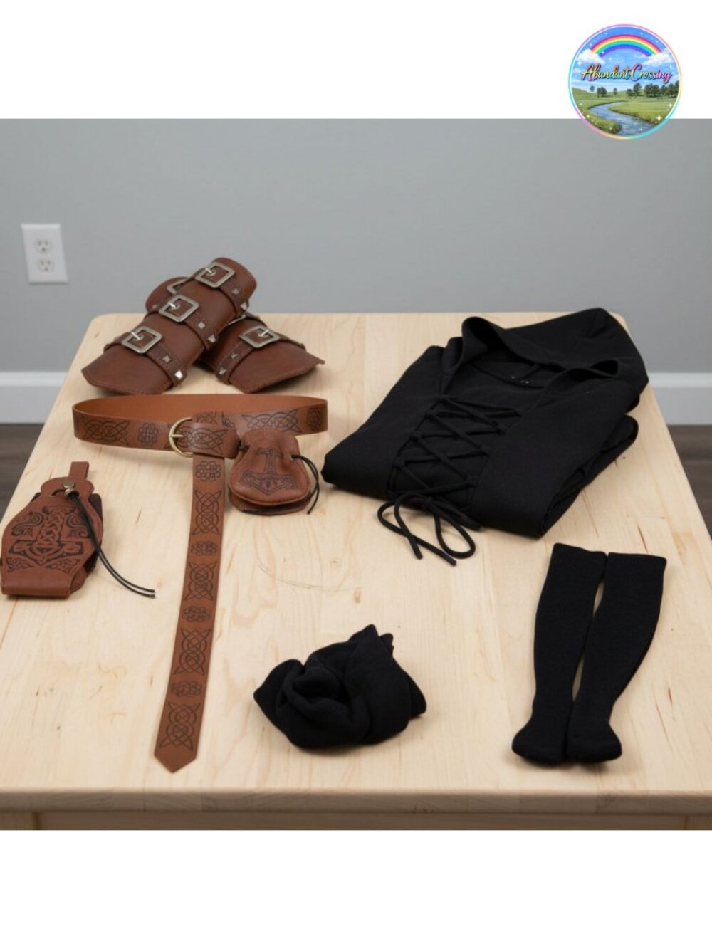 Renaissance Medieval Women Costume Set Hooded Cloak Belt Wrist Guards